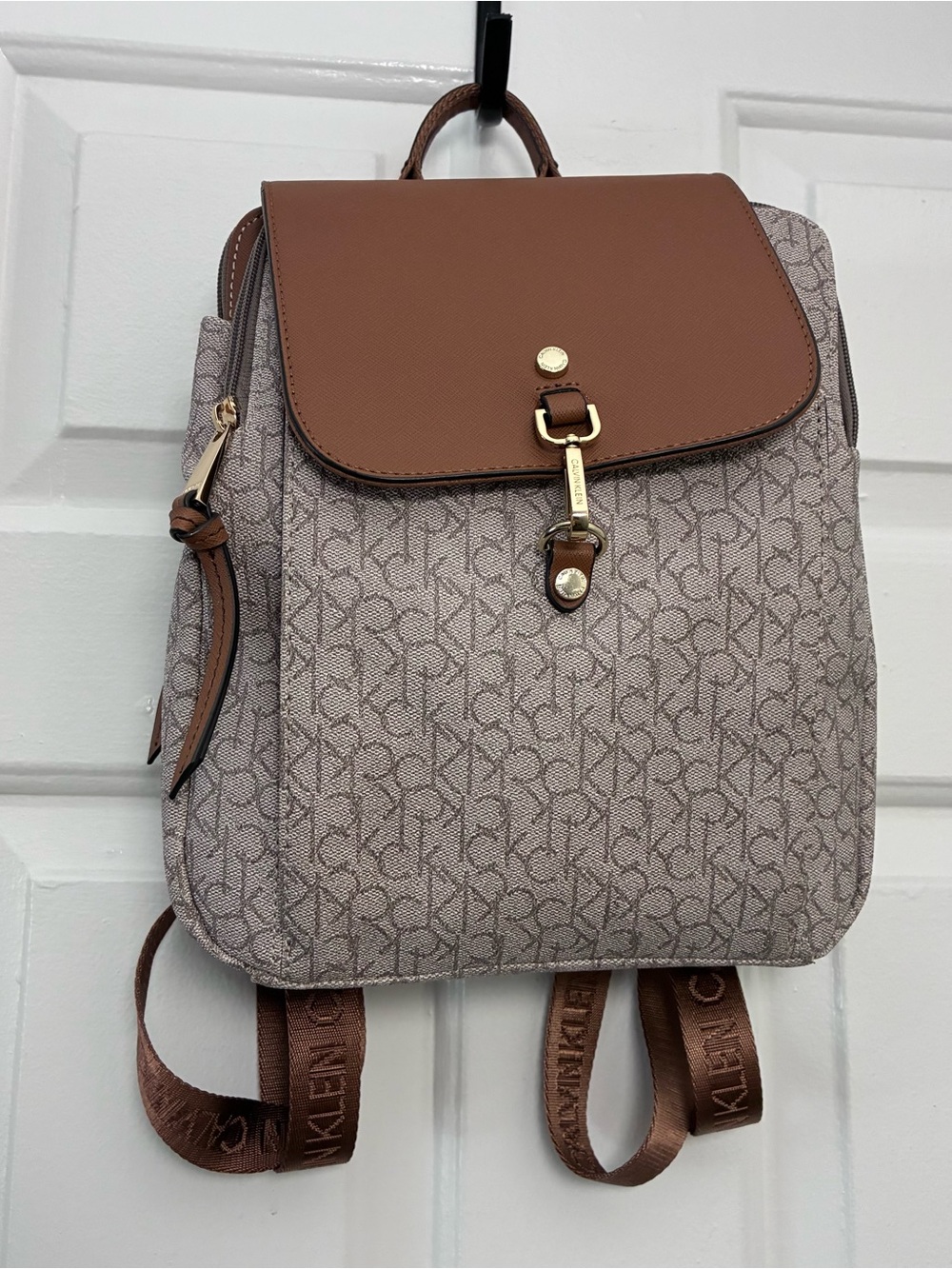 Calvin Klein Brown-Tan Logo Print Backpack